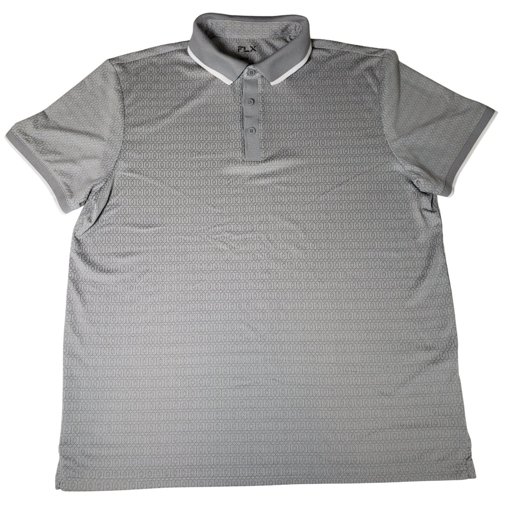 FLX Mens Urban Commuter Polo Shirt Grey Geometric Honeycomb Short Sleeve Large